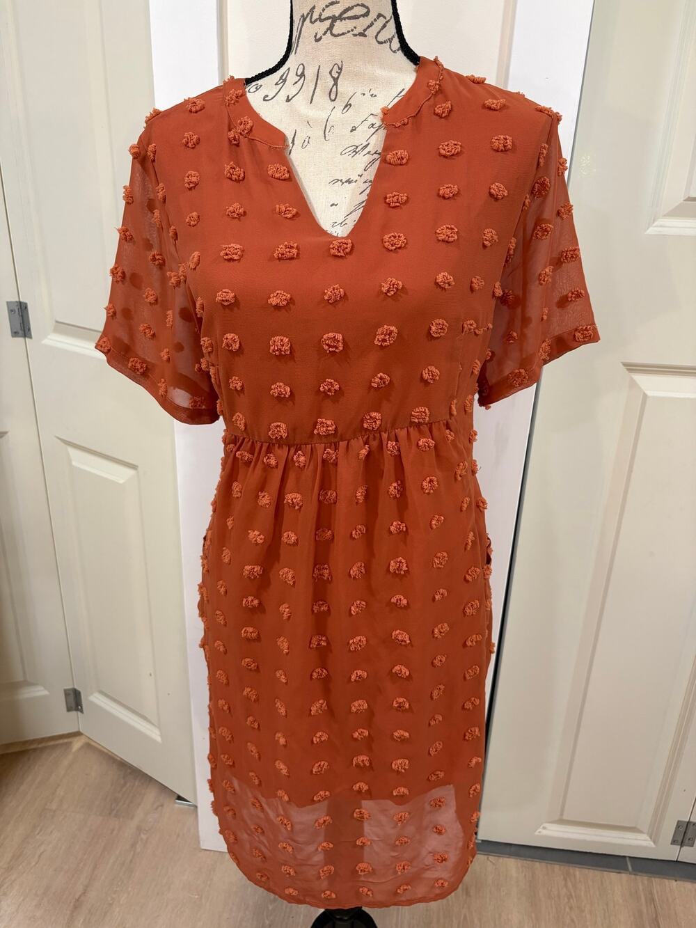 Burnt Orange Babydoll Dress Sheer Layered Polka Dot Size Large Miholl
